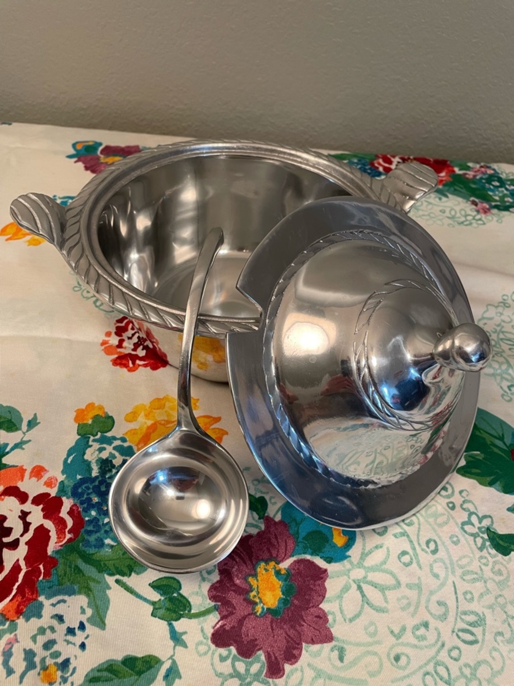 Silver Serving Bowl with Lid and Ladle